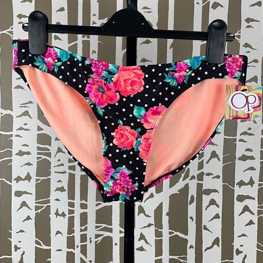 NEW OP Rich Black Floral Polka Dot Print Bikini Bottom XL (15-17)